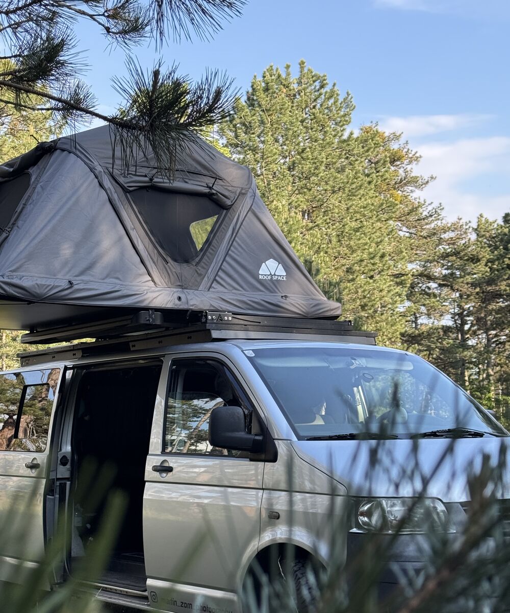 Detailansicht des Roof Space 2 Dachzelts zwischen Kiefernzweigen